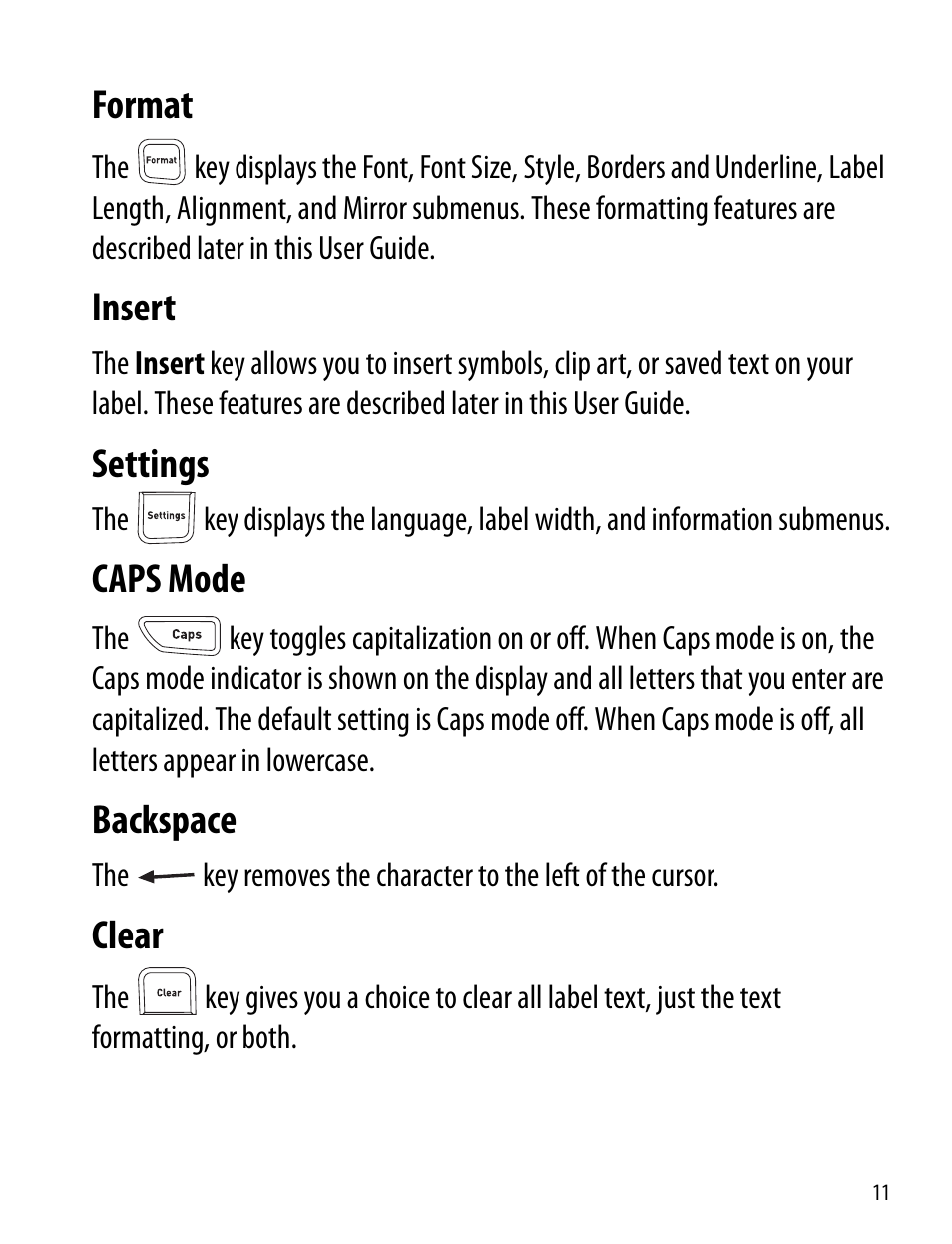 Format, Insert, Settings | Caps mode, Backspace, Clear, Format insert settings caps mode backspace clear | Dymo 260P User Manual | Page 11 / 30