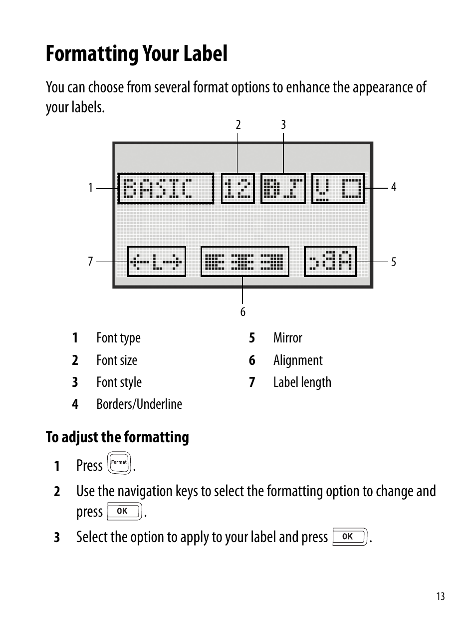 Formatting your label | Dymo 260P User Manual | Page 13 / 30