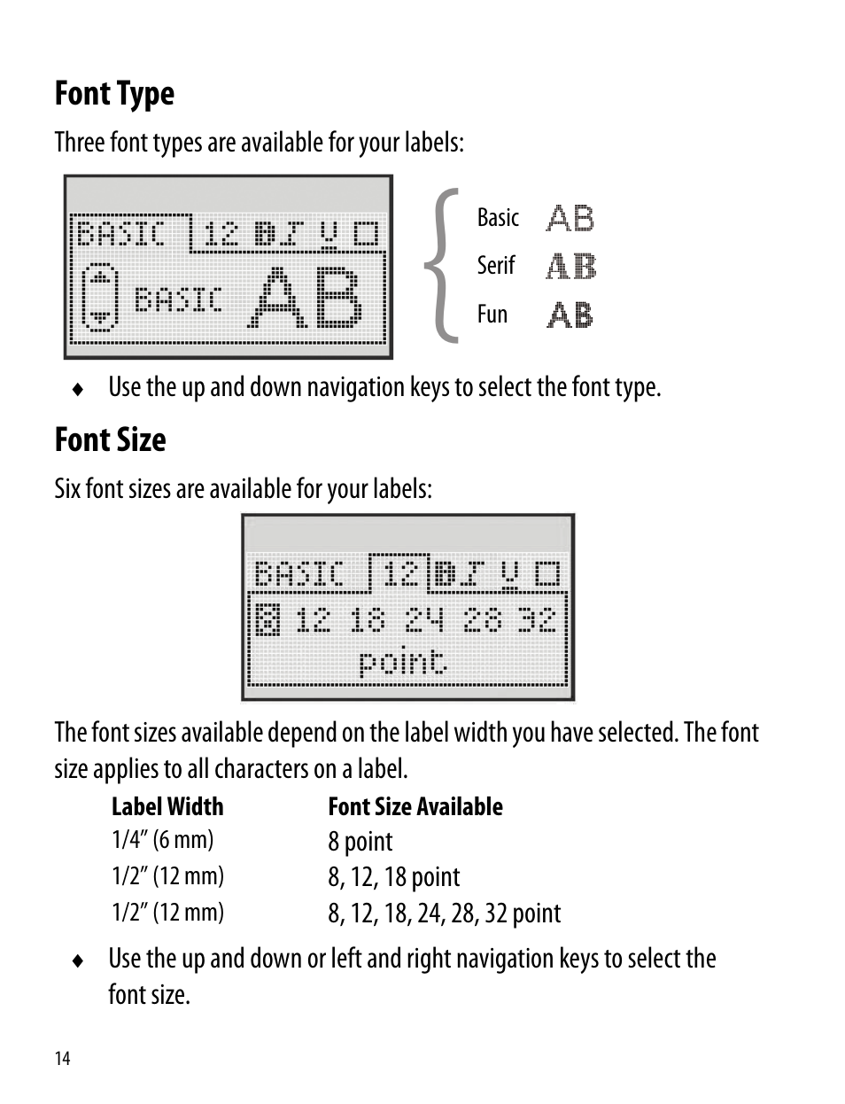 Font type, Font size, Font type font size | Dymo 260P User Manual | Page 14 / 30