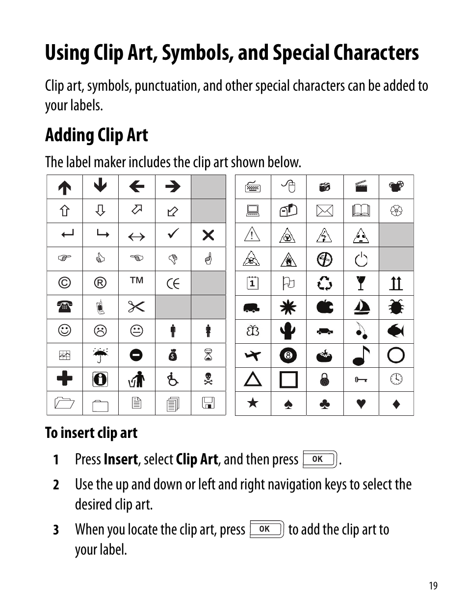 Using clip art, symbols, and special characters, Adding clip art | Dymo 260P User Manual | Page 19 / 30