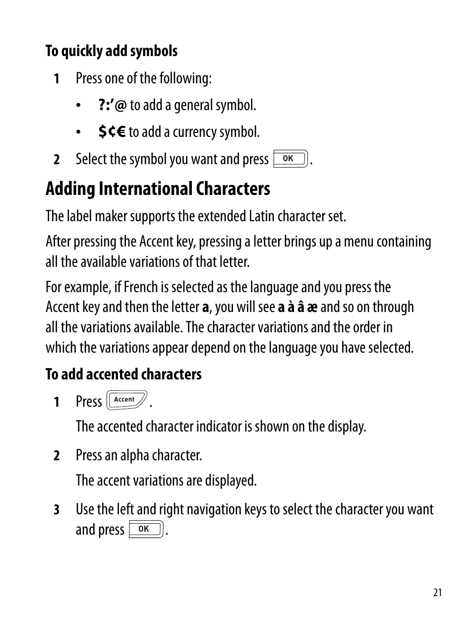 Adding international characters | Dymo 260P User Manual | Page 21 / 30