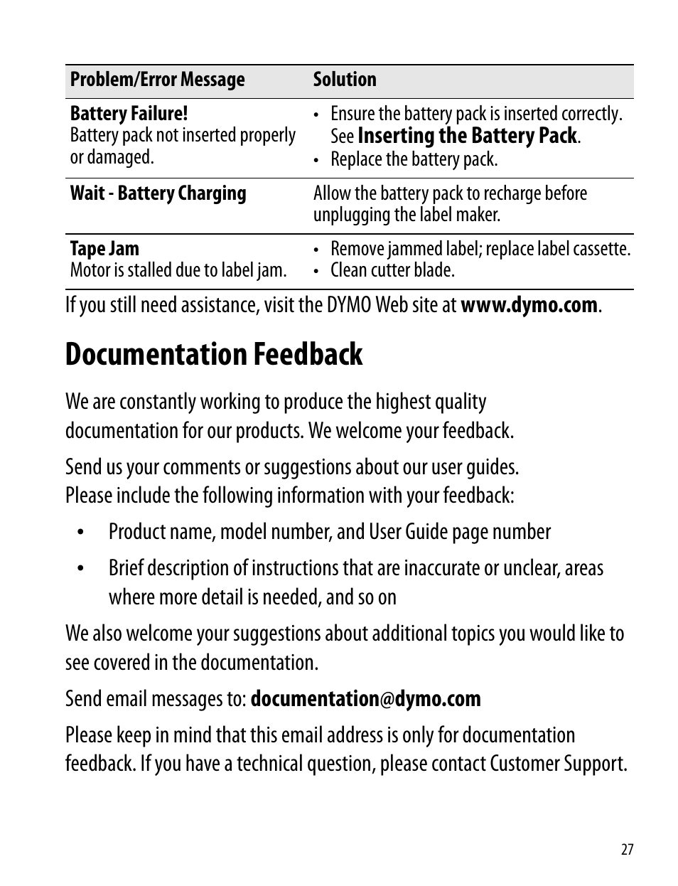 Documentation feedback | Dymo 260P User Manual | Page 27 / 30