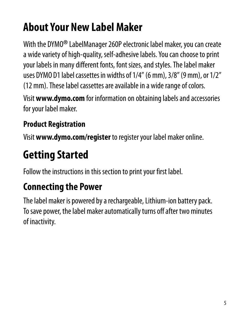 About your new label maker, Product registration, Getting started | Connecting the power | Dymo 260P User Manual | Page 5 / 30