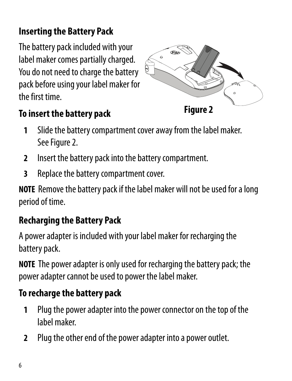 Inserting the battery pack, Recharging the battery pack | Dymo 260P User Manual | Page 6 / 30