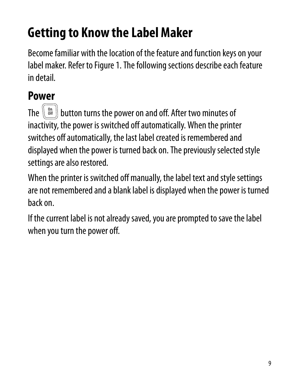 Getting to know the label maker, Power | Dymo 260P User Manual | Page 9 / 30