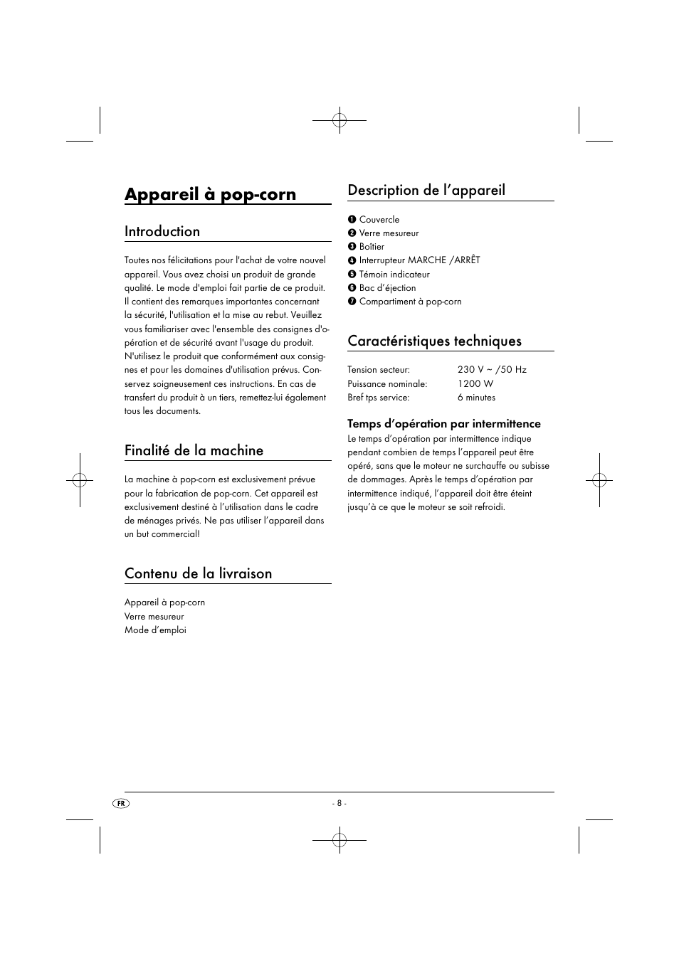 Appareil à pop-corn, Introduction, Finalité de la machine | Contenu de la livraison, Description de l’appareil, Caractéristiques techniques, Temps d’opération par intermittence | Silvercrest SPCM 1200 B1 User Manual | Page 11 / 28