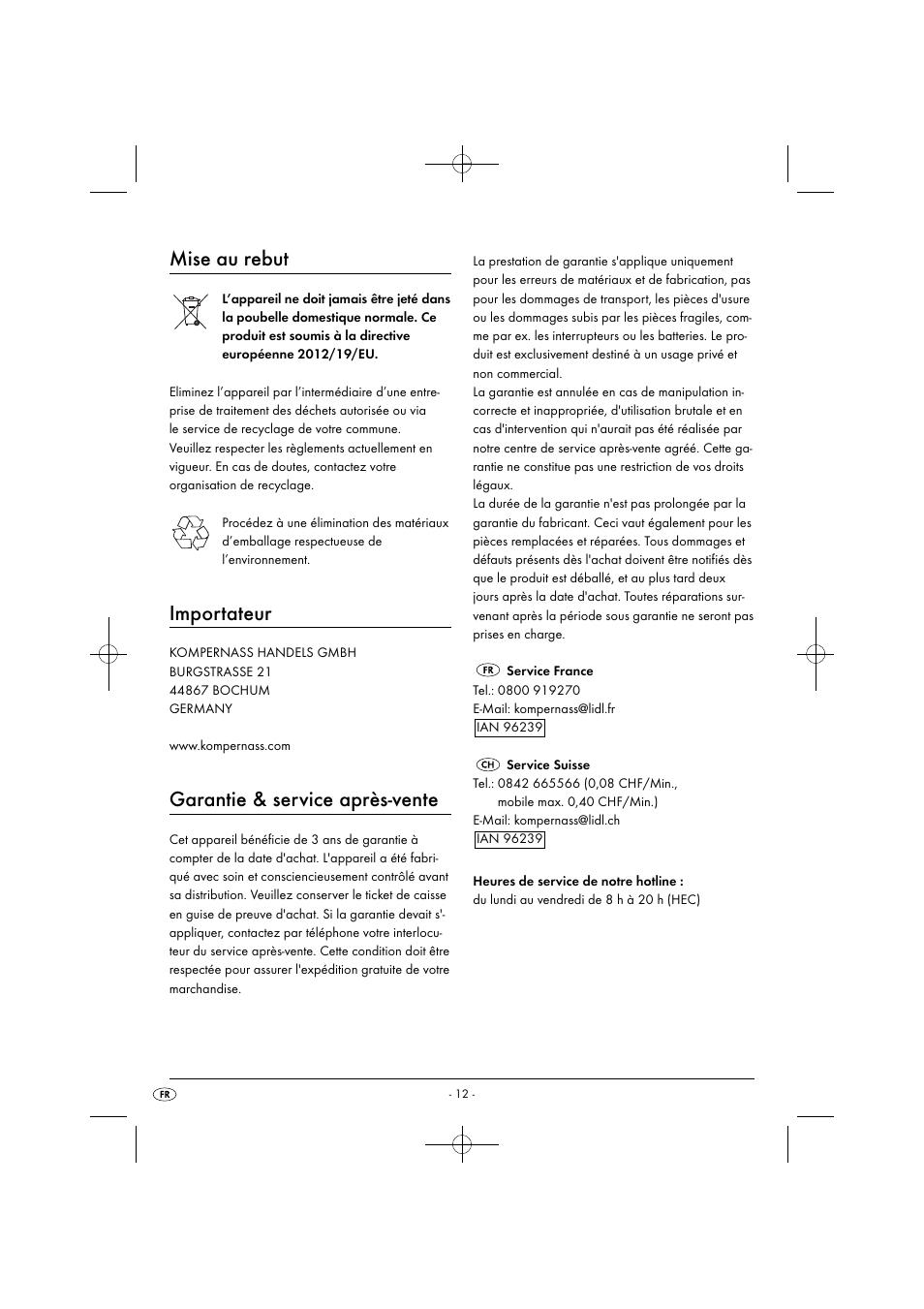 Mise au rebut, Importateur, Garantie & service après-vente | Silvercrest SPCM 1200 B1 User Manual | Page 15 / 28