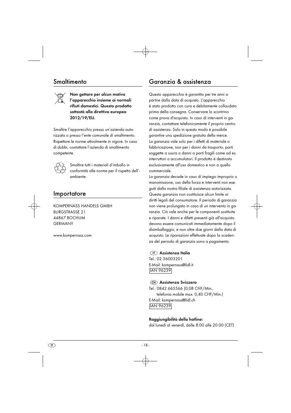 Smaltimento, Importatore, Garanzia & assistenza | Silvercrest SPCM 1200 B1 User Manual | Page 21 / 28