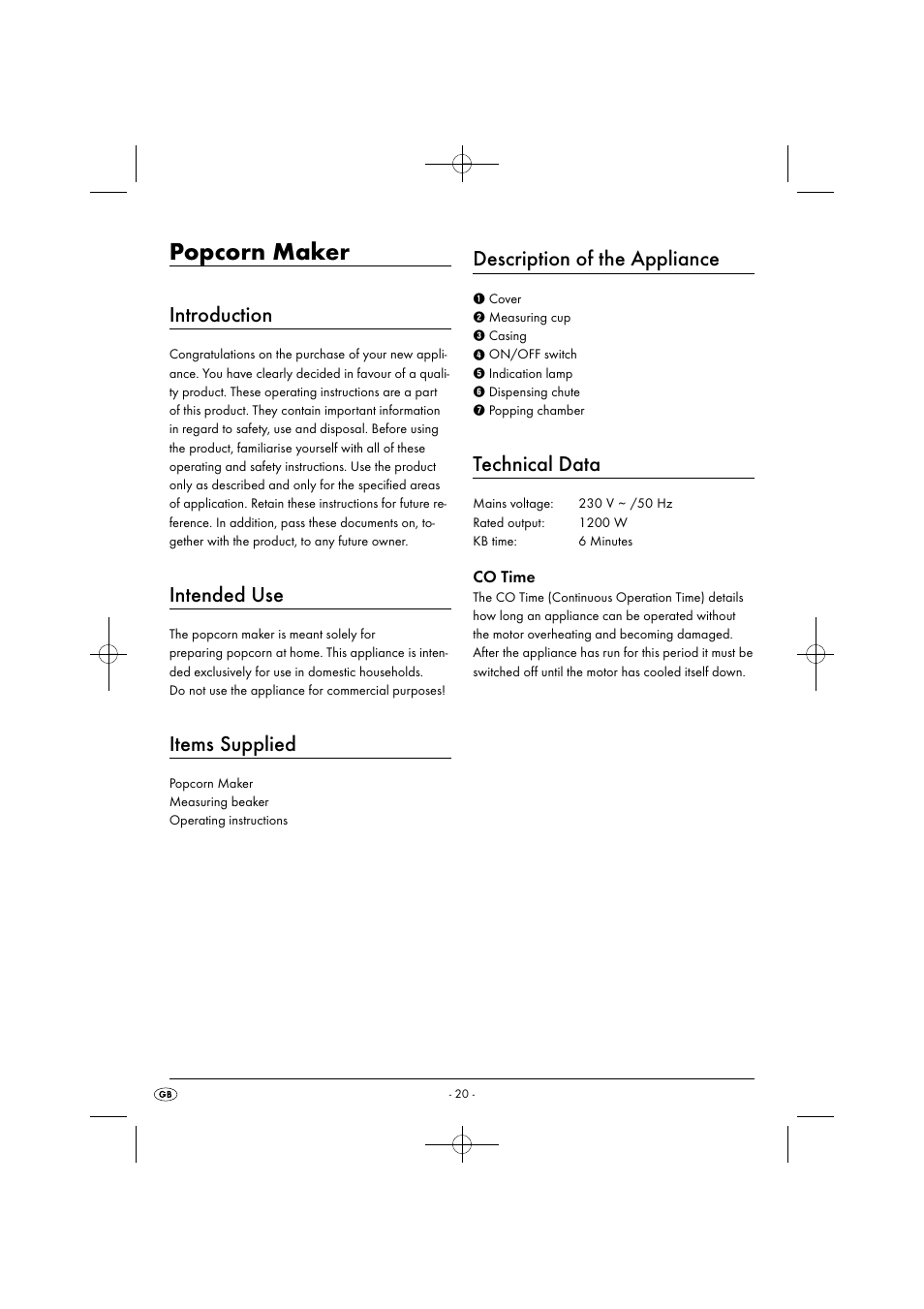 Popcorn maker, Introduction, Intended use | Items supplied, Description of the appliance, Technical data, Co time | Silvercrest SPCM 1200 B1 User Manual | Page 23 / 28