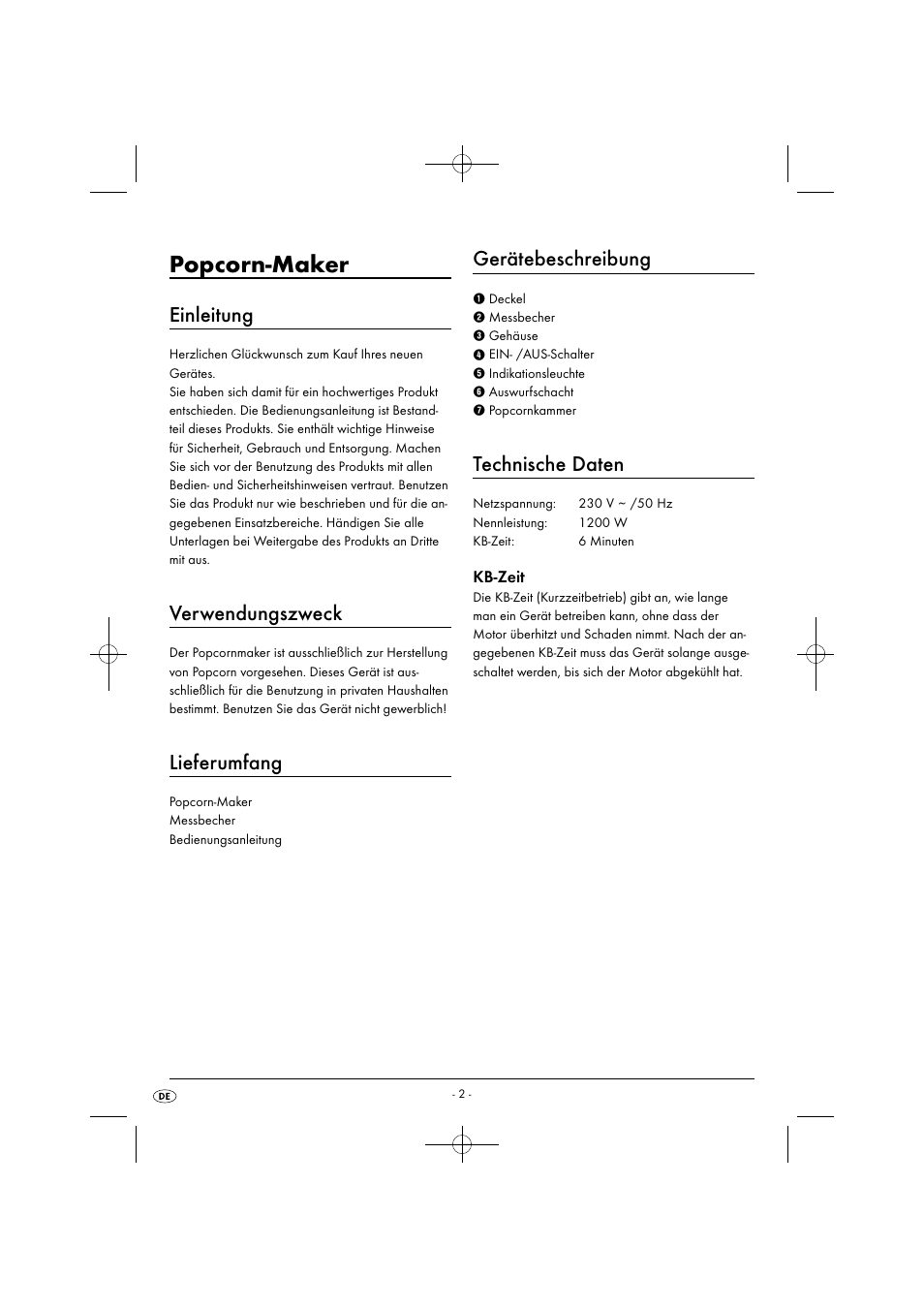 Popcorn-maker, Einleitung, Verwendungszweck | Lieferumfang, Gerätebeschreibung, Technische daten, Kb-zeit | Silvercrest SPCM 1200 B1 User Manual | Page 5 / 28