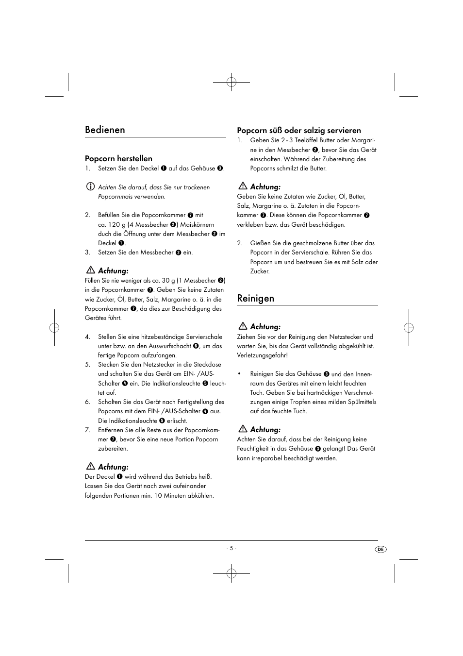 Bedienen, Reinigen, Popcorn herstellen | Achtung, Popcorn süß oder salzig servieren | Silvercrest SPCM 1200 B1 User Manual | Page 8 / 28