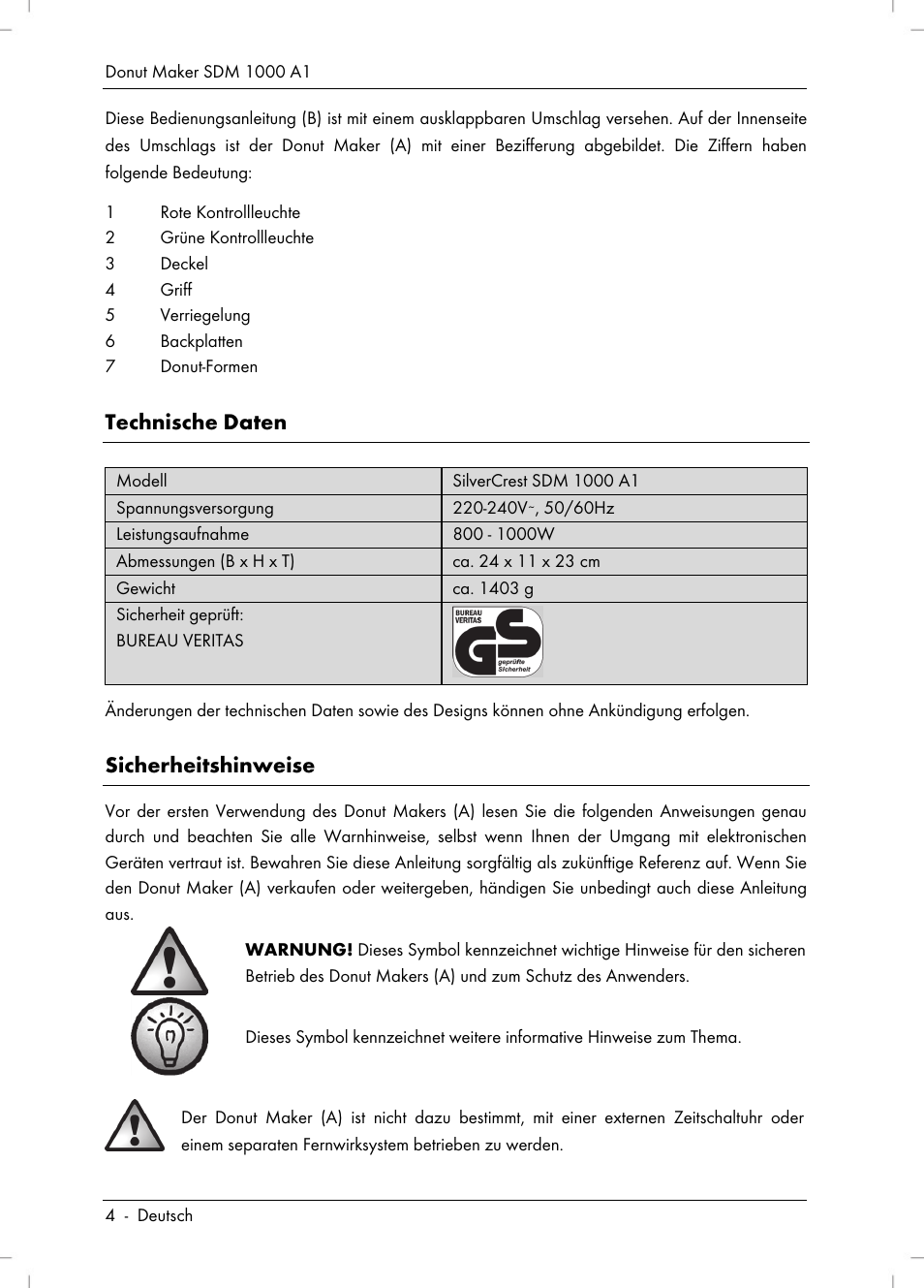 Technische daten, Sicherheitshinweise | Silvercrest SDM 1000 A1 User Manual | Page 6 / 70