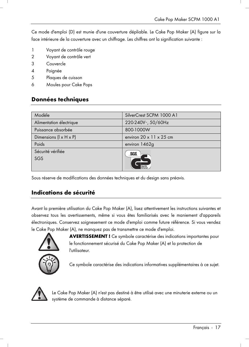 Données techniques, Indications de sécurité | Silvercrest SCPM 1000 A1 User Manual | Page 19 / 70