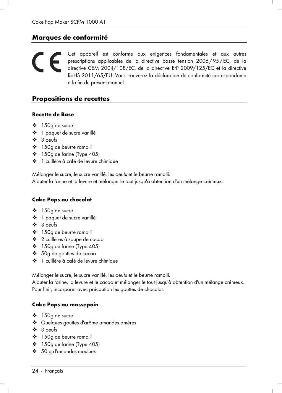 Marques de conformité, Propositions de recettes | Silvercrest SCPM 1000 A1 User Manual | Page 26 / 70