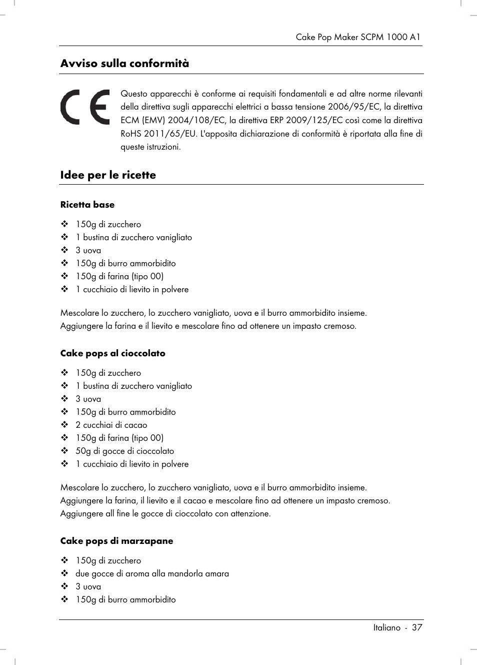 Avviso sulla conformità, Idee per le ricette | Silvercrest SCPM 1000 A1 User Manual | Page 39 / 70
