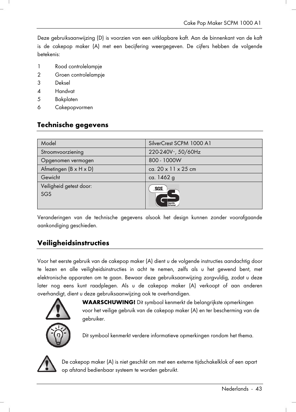 Technische gegevens, Veiligheidsinstructies | Silvercrest SCPM 1000 A1 User Manual | Page 45 / 70