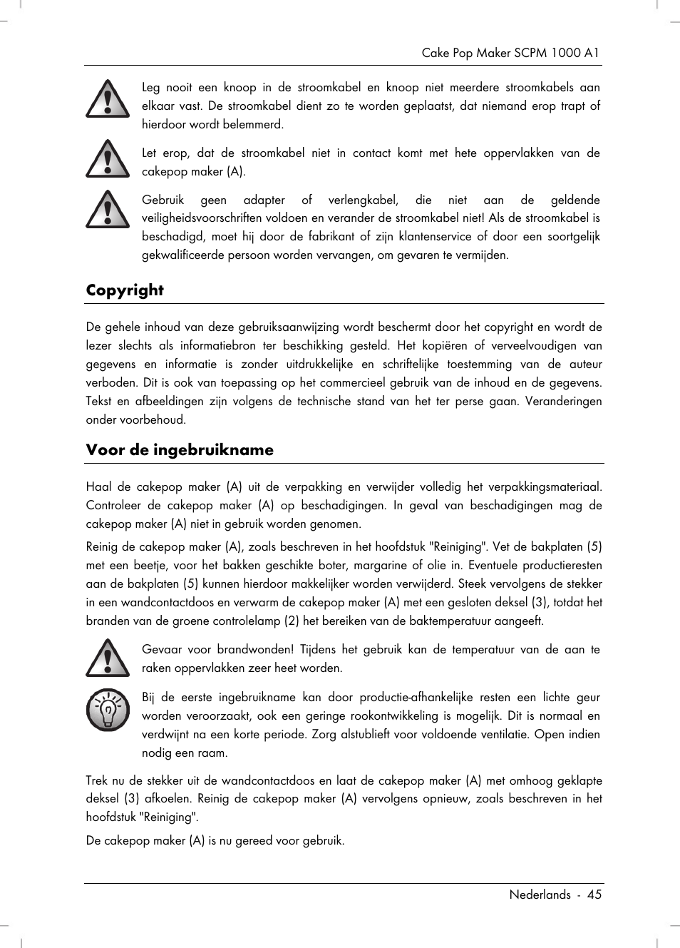 Copyright, Voor de ingebruikname | Silvercrest SCPM 1000 A1 User Manual | Page 47 / 70