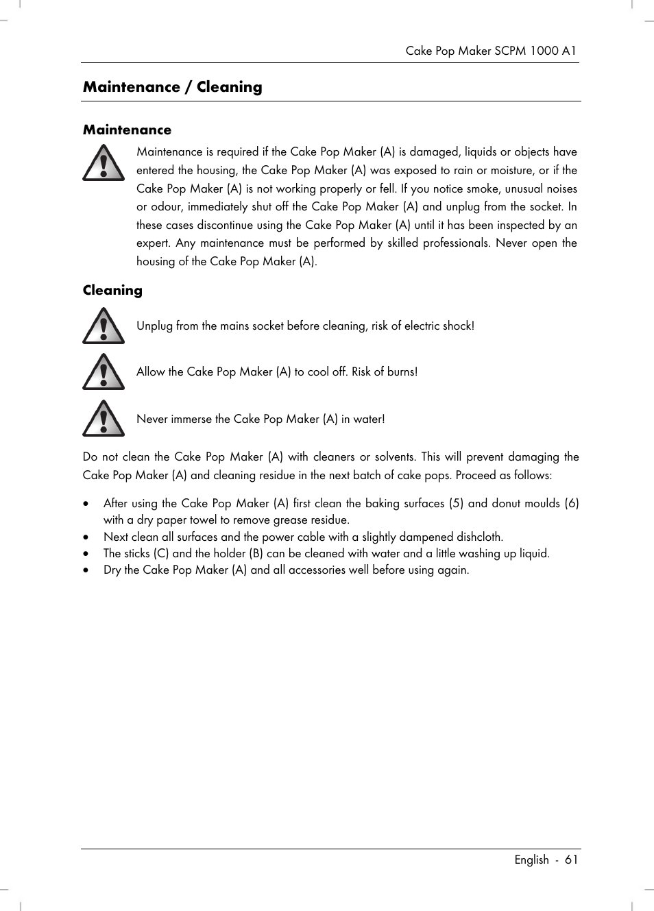 Maintenance / cleaning | Silvercrest SCPM 1000 A1 User Manual | Page 63 / 70