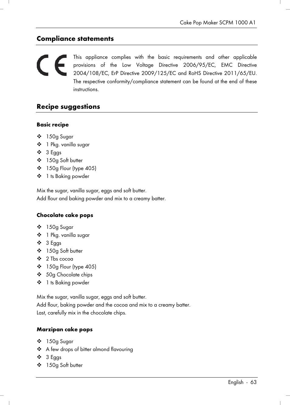 Compliance statements, Recipe suggestions | Silvercrest SCPM 1000 A1 User Manual | Page 65 / 70