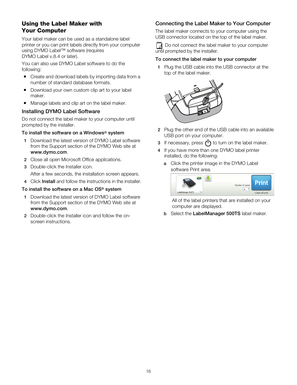 Using the label maker with your computer, Installing dymo label software, Connecting the label maker to your computer | Dymo 500TS User Manual | Page 16 / 19