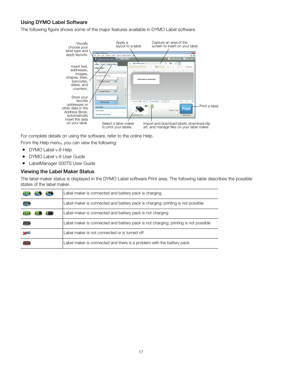 Using dymo label software, Viewing the label maker status | Dymo 500TS User Manual | Page 17 / 19