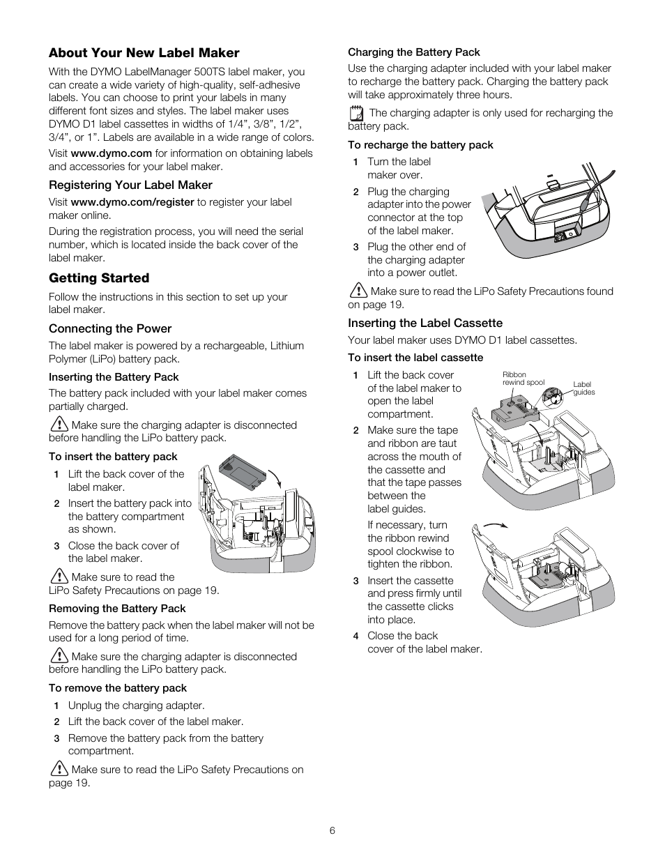 About your new label maker, Registering your label maker, Getting started | Connecting the power, Inserting the battery pack, Removing the battery pack, Charging the battery pack, Inserting the label cassette | Dymo 500TS User Manual | Page 6 / 19