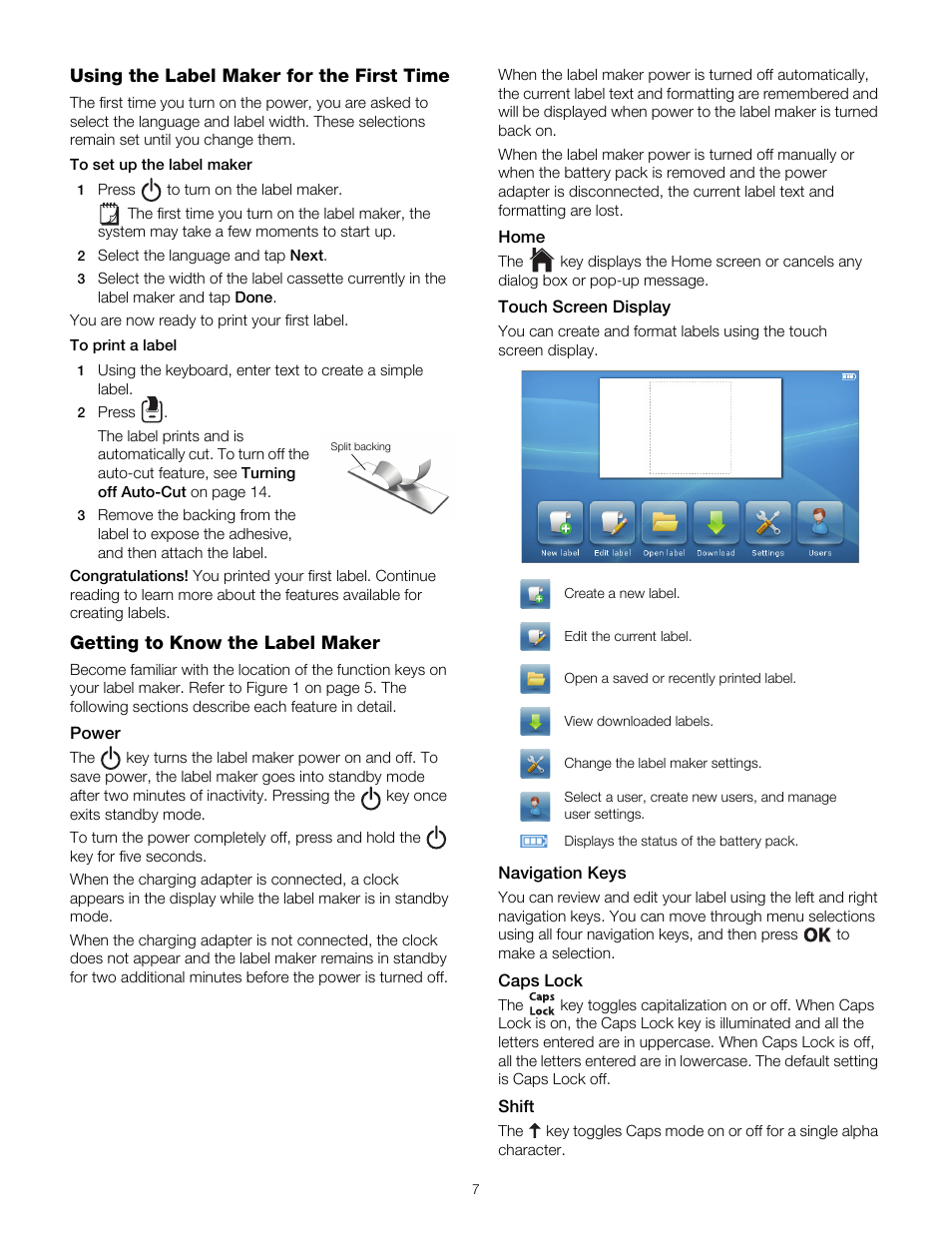 Using the label maker for the first time, Getting to know the label maker, Power | Home, Touch screen display, Navigation keys, Caps lock, Shift | Dymo 500TS User Manual | Page 7 / 19