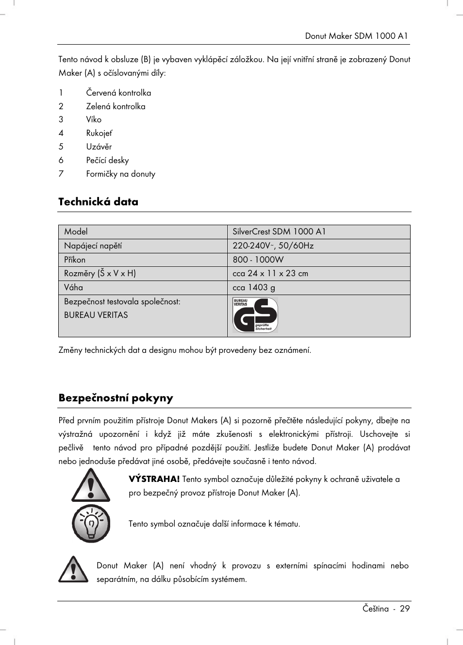 Technická data, Bezpečnostní pokyny | Silvercrest SDM 1000 A1 User Manual | Page 31 / 68