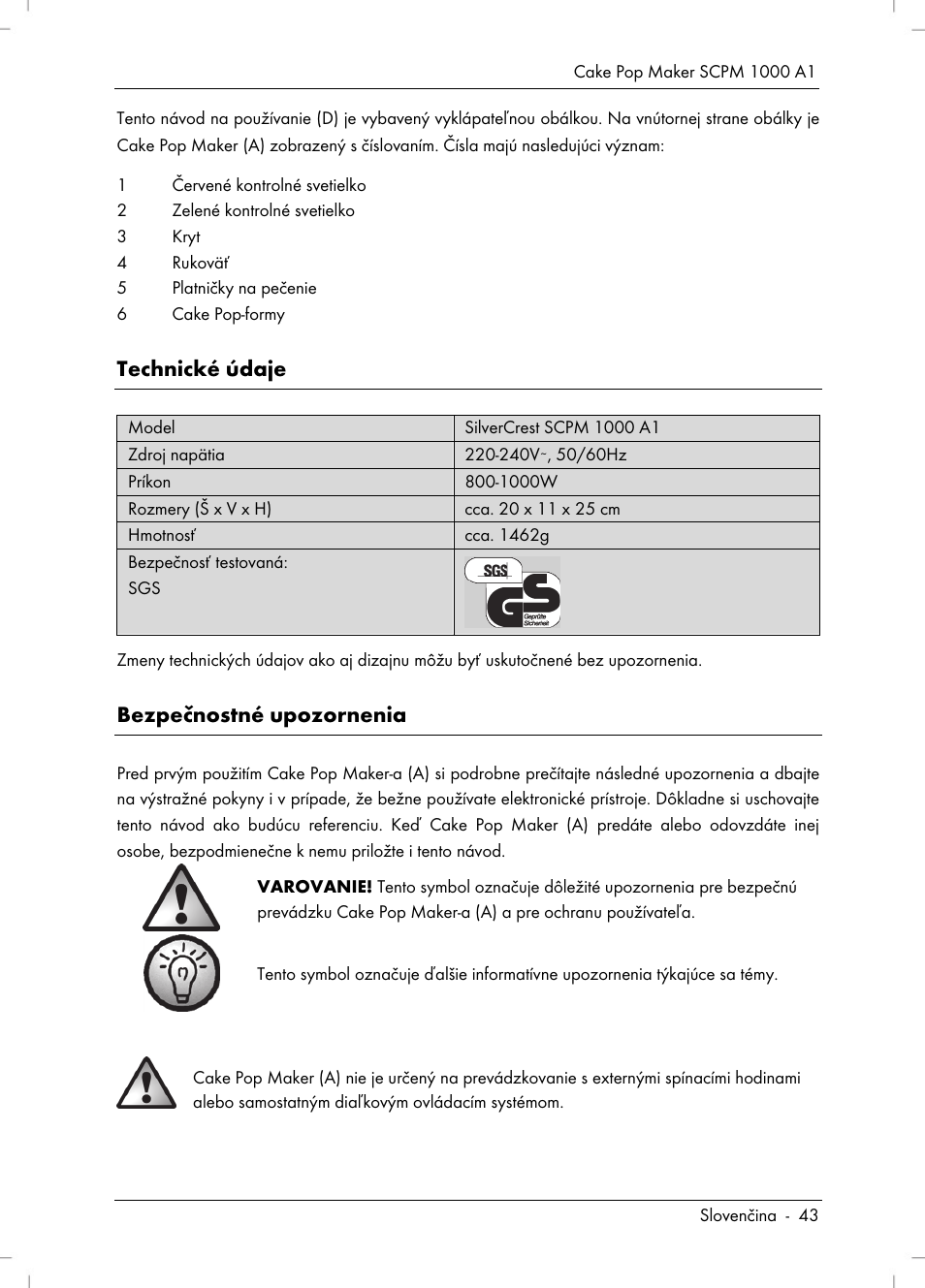Technické údaje, Bezpečnostné upozornenia | Silvercrest SCPM 1000 A1 User Manual | Page 45 / 70
