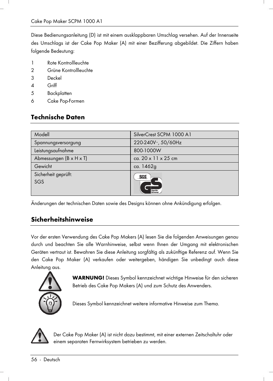 Technische daten, Sicherheitshinweise | Silvercrest SCPM 1000 A1 User Manual | Page 58 / 70