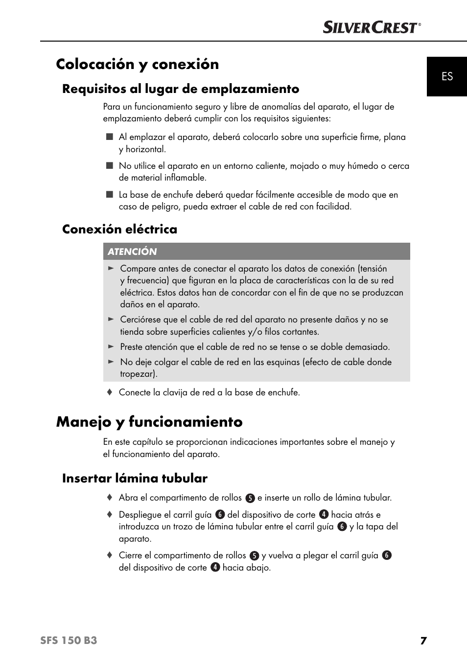 Colocación y conexión, Manejo y funcionamiento, Requisitos al lugar de emplazamiento | Conexión eléctrica, Insertar lámina tubular | Silvercrest SFS 150 B3 User Manual | Page 10 / 74