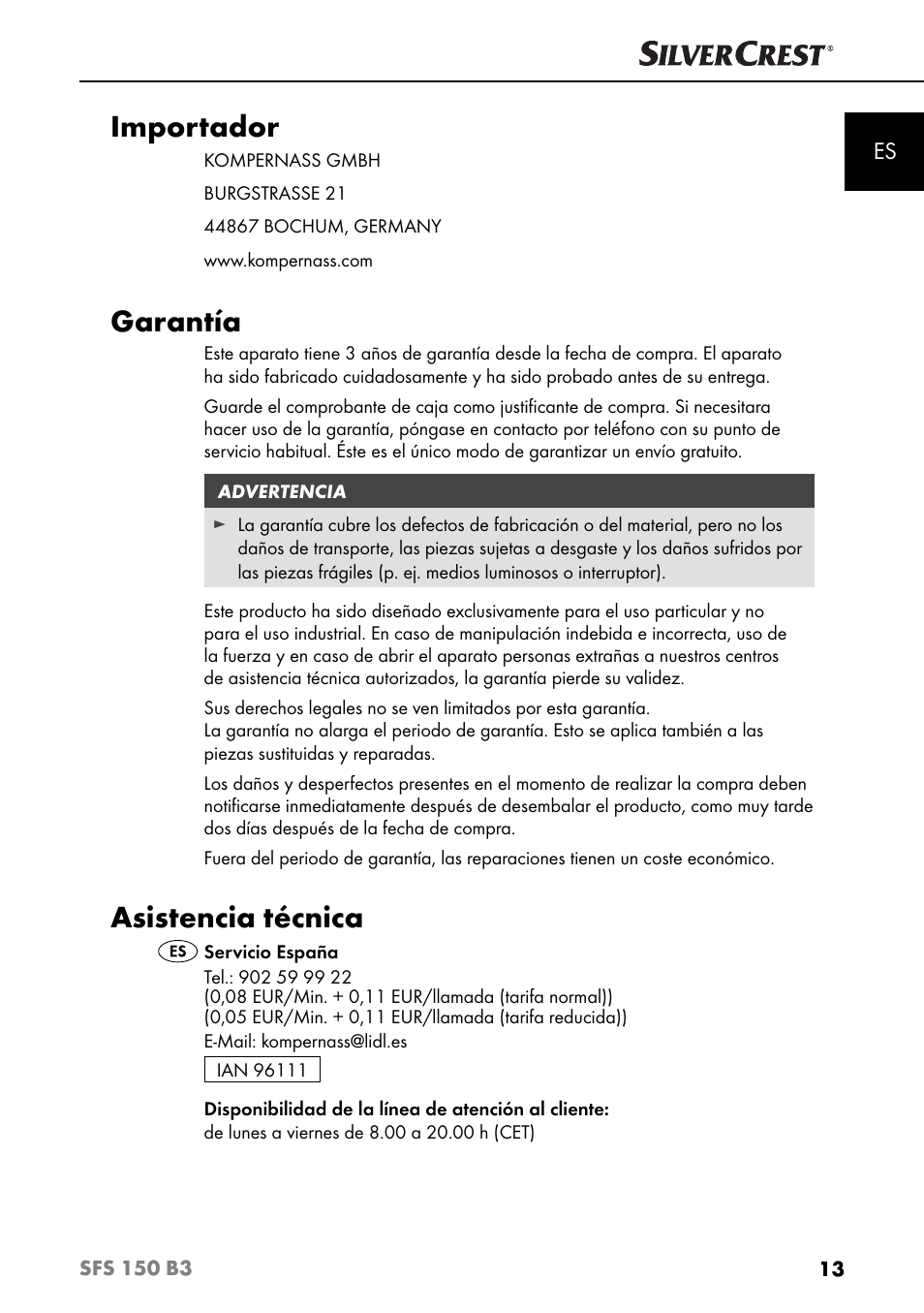 Importador, Garantía, Asistencia técnica | Silvercrest SFS 150 B3 User Manual | Page 16 / 74