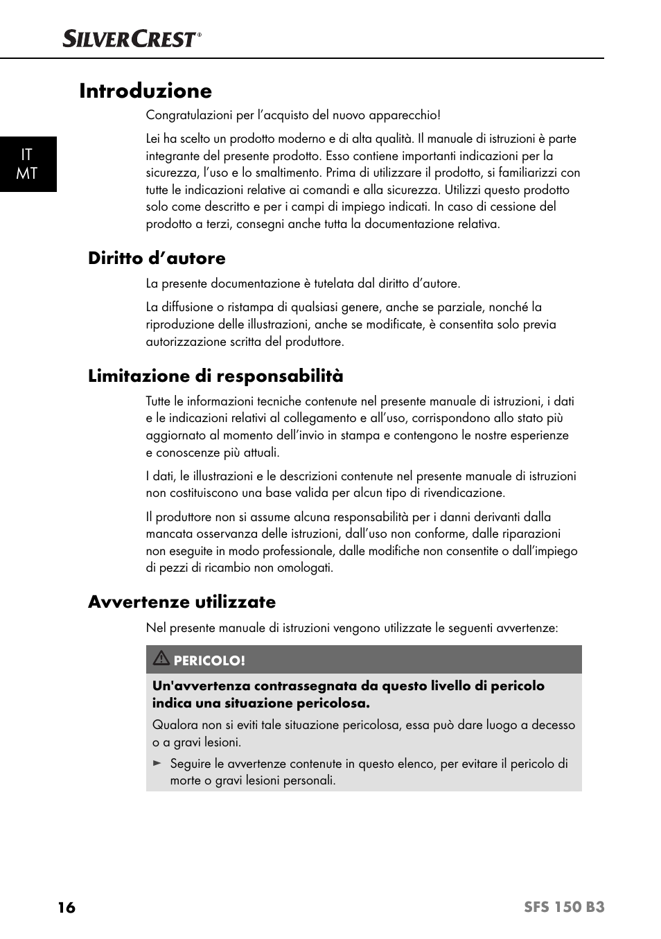 Introduzione, Diritto d’autore, Limitazione di responsabilità | Avvertenze utilizzate, It mt | Silvercrest SFS 150 B3 User Manual | Page 19 / 74