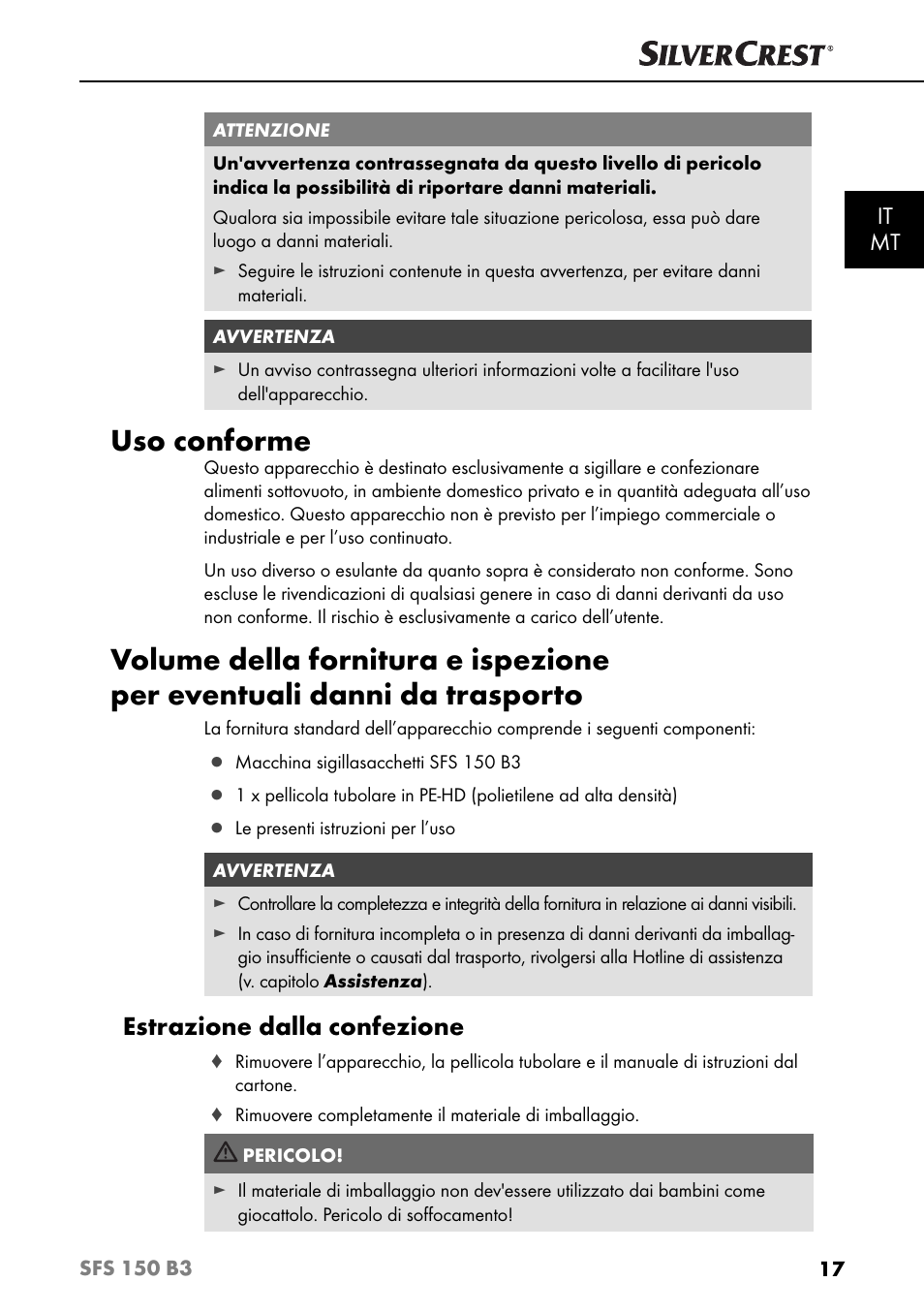 Uso conforme, Estrazione dalla confezione, It mt | Silvercrest SFS 150 B3 User Manual | Page 20 / 74
