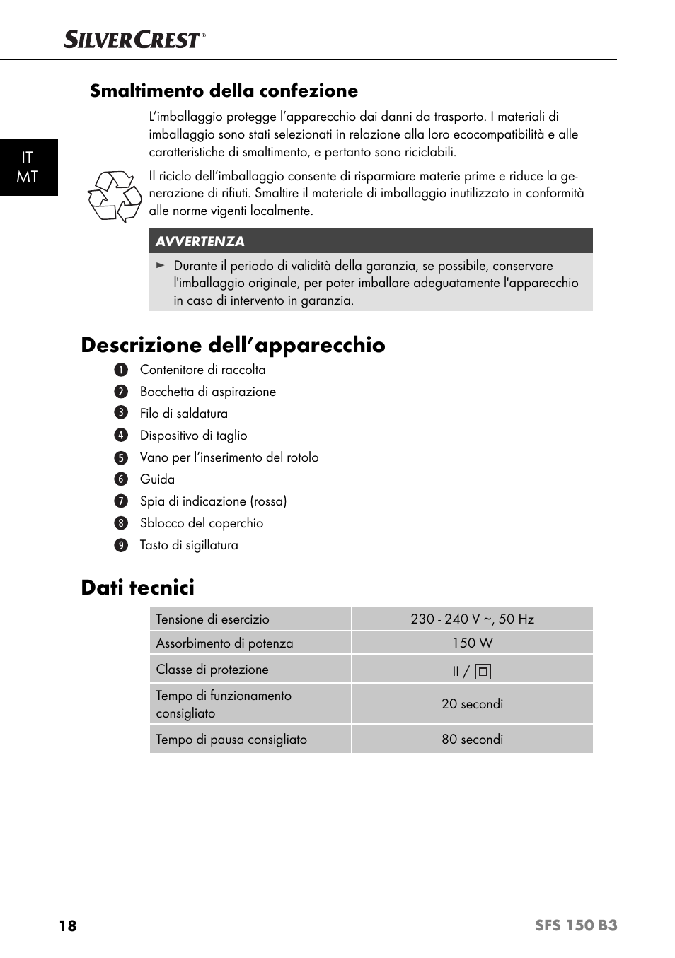 Descrizione dell’apparecchio, Dati tecnici, Smaltimento della confezione | It mt | Silvercrest SFS 150 B3 User Manual | Page 21 / 74