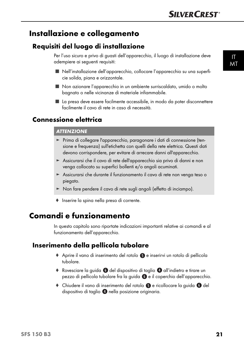 Installazione e collegamento, Comandi e funzionamento, Requisiti del luogo di installazione | Connessione elettrica, Inserimento della pellicola tubolare, It mt | Silvercrest SFS 150 B3 User Manual | Page 24 / 74
