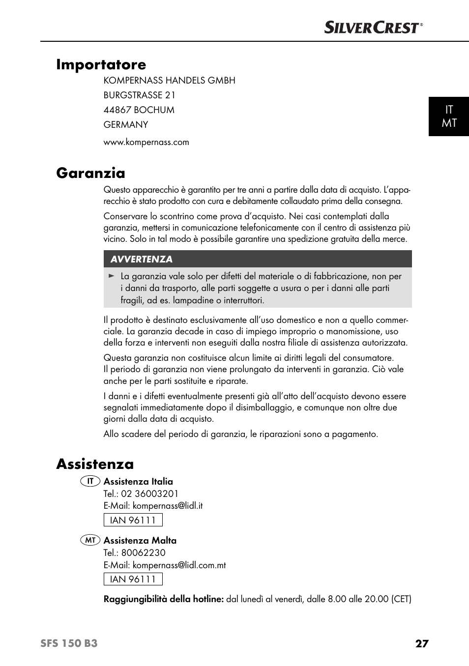 Importatore, Garanzia, Assistenza | It mt | Silvercrest SFS 150 B3 User Manual | Page 30 / 74