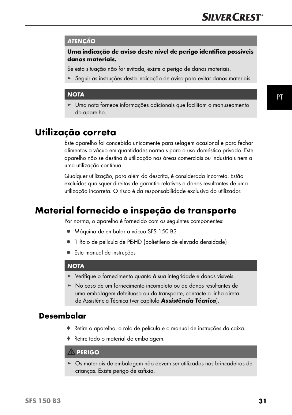 Utilização correta, Material fornecido e inspeção de transporte, Desembalar | Silvercrest SFS 150 B3 User Manual | Page 34 / 74