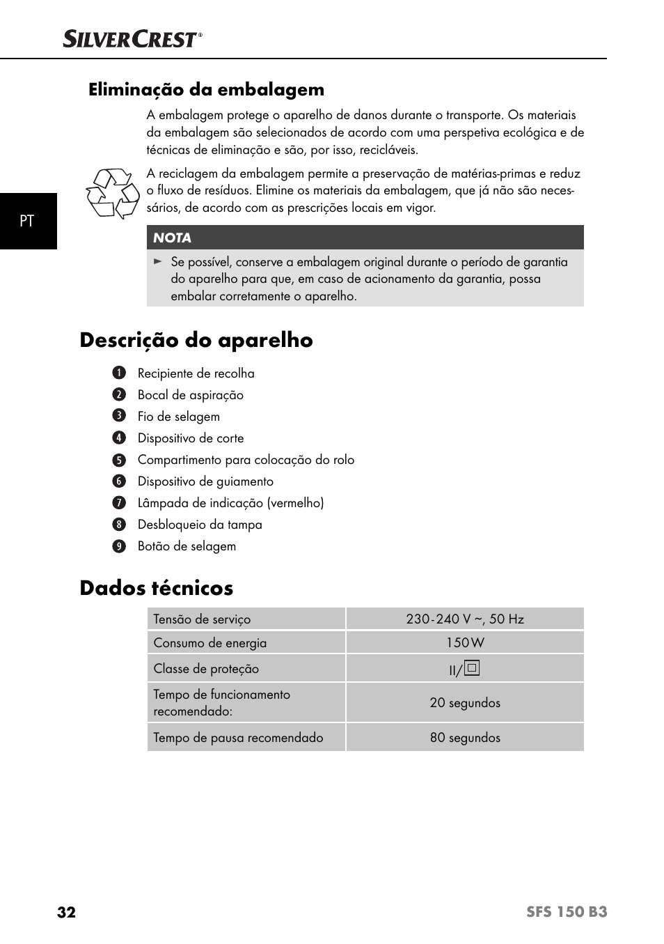 Descrição do aparelho, Dados técnicos, Eliminação da embalagem | Silvercrest SFS 150 B3 User Manual | Page 35 / 74