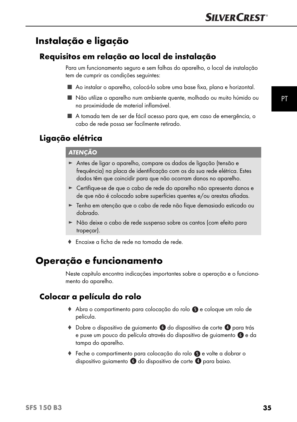 Instalação e ligação, Operação e funcionamento, Requisitos em relação ao local de instalação | Ligação elétrica, Colocar a película do rolo | Silvercrest SFS 150 B3 User Manual | Page 38 / 74