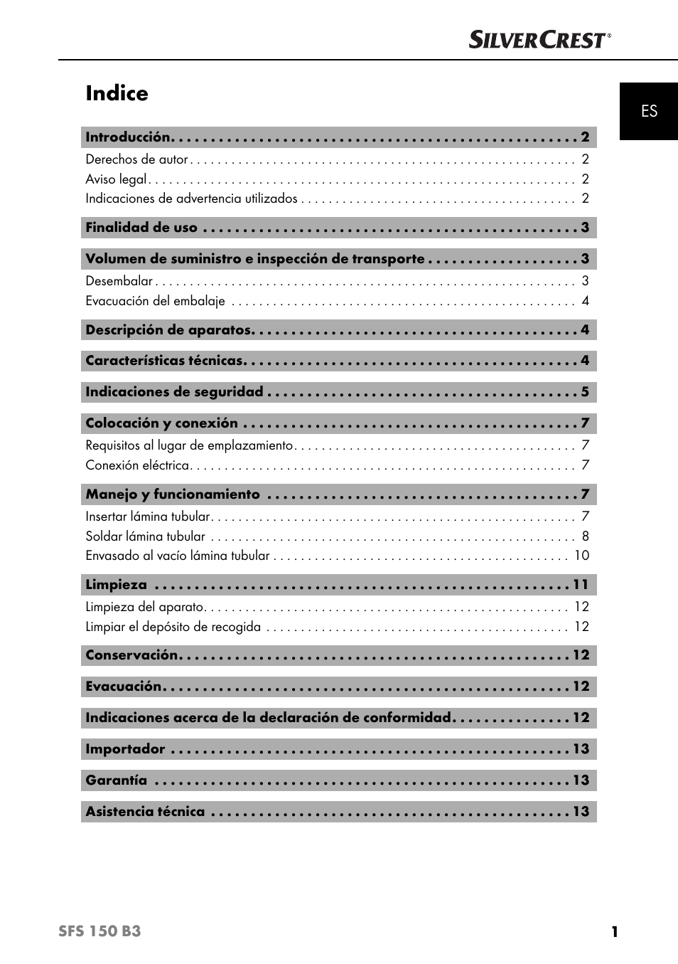 Indice | Silvercrest SFS 150 B3 User Manual | Page 4 / 74