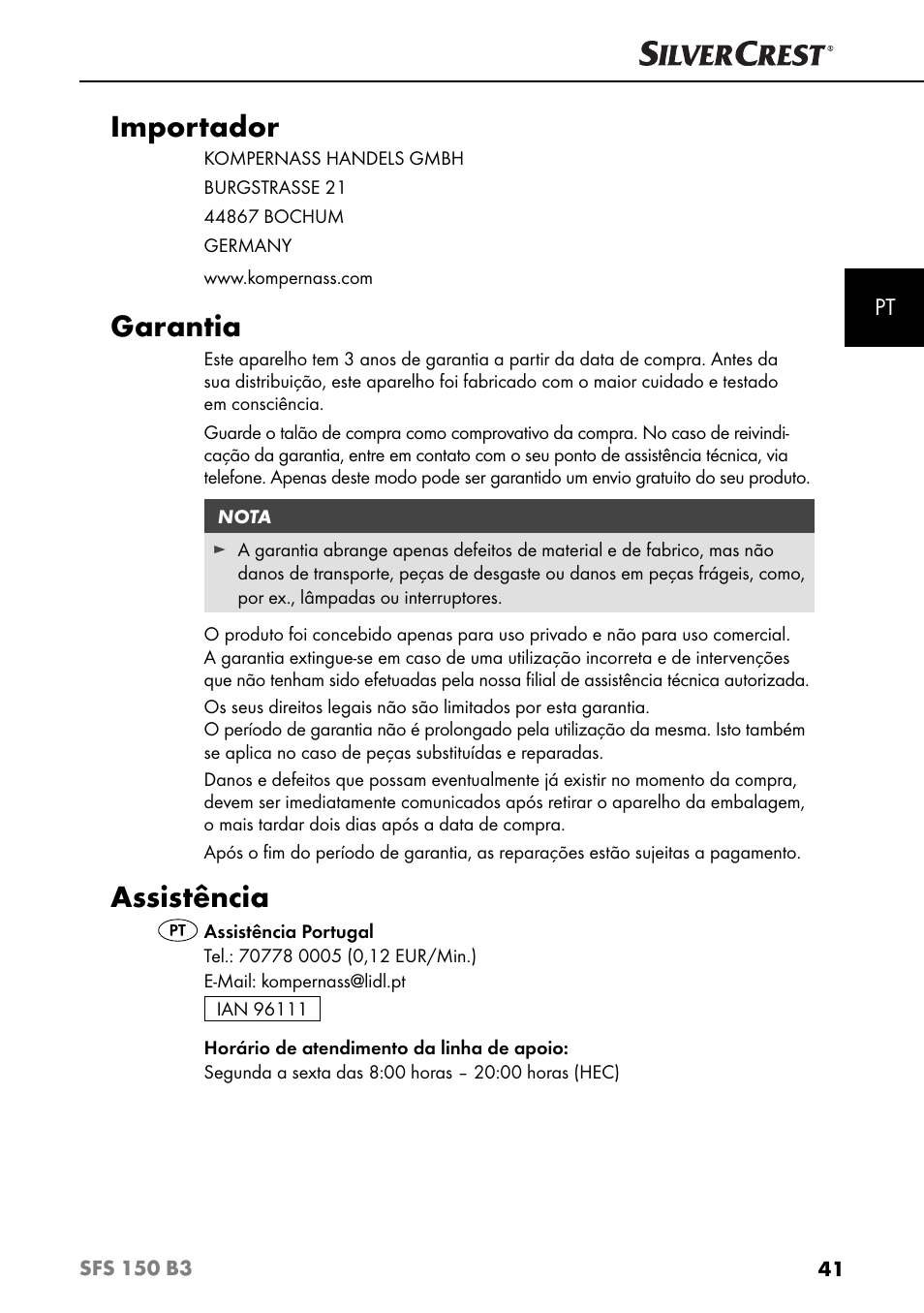 Importador, Garantia, Assistência | Silvercrest SFS 150 B3 User Manual | Page 44 / 74