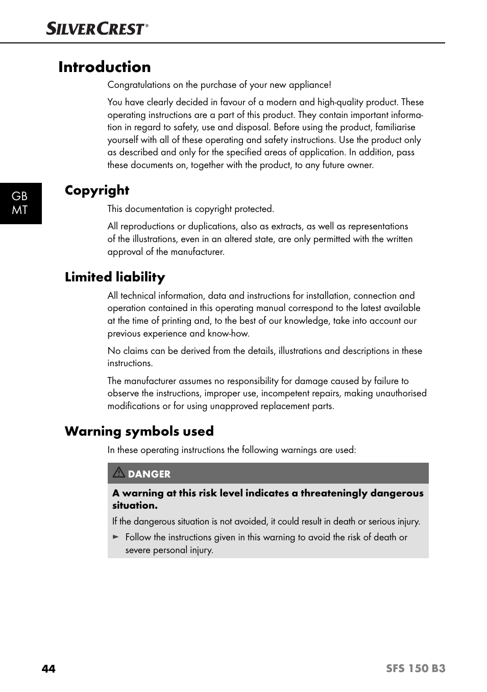 Introduction, Copyright, Limited liability | Warning symbols used, Gb mt | Silvercrest SFS 150 B3 User Manual | Page 47 / 74