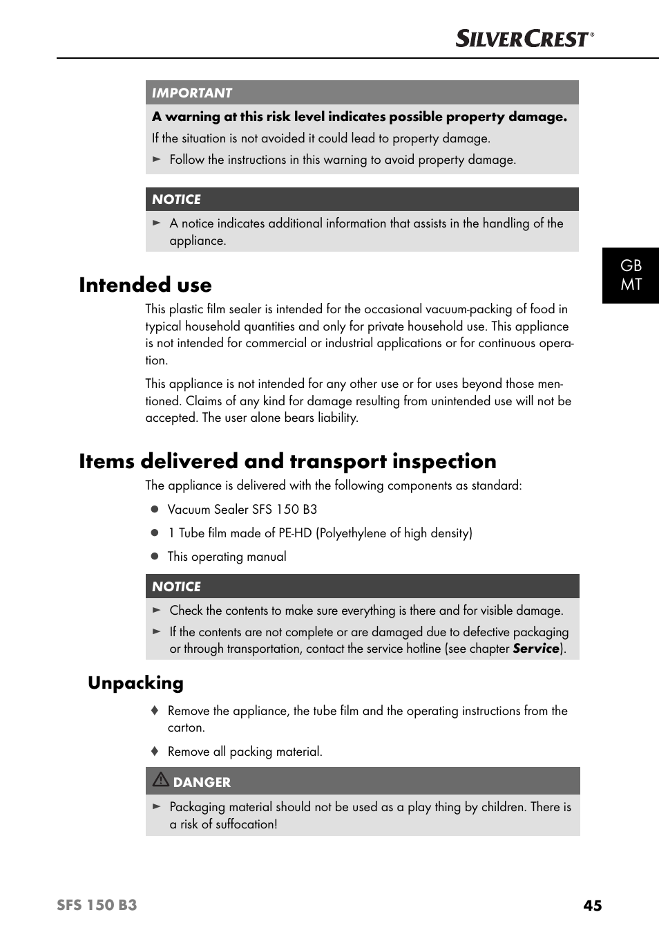 Intended use, Items delivered and transport inspection, Unpacking | Gb mt | Silvercrest SFS 150 B3 User Manual | Page 48 / 74