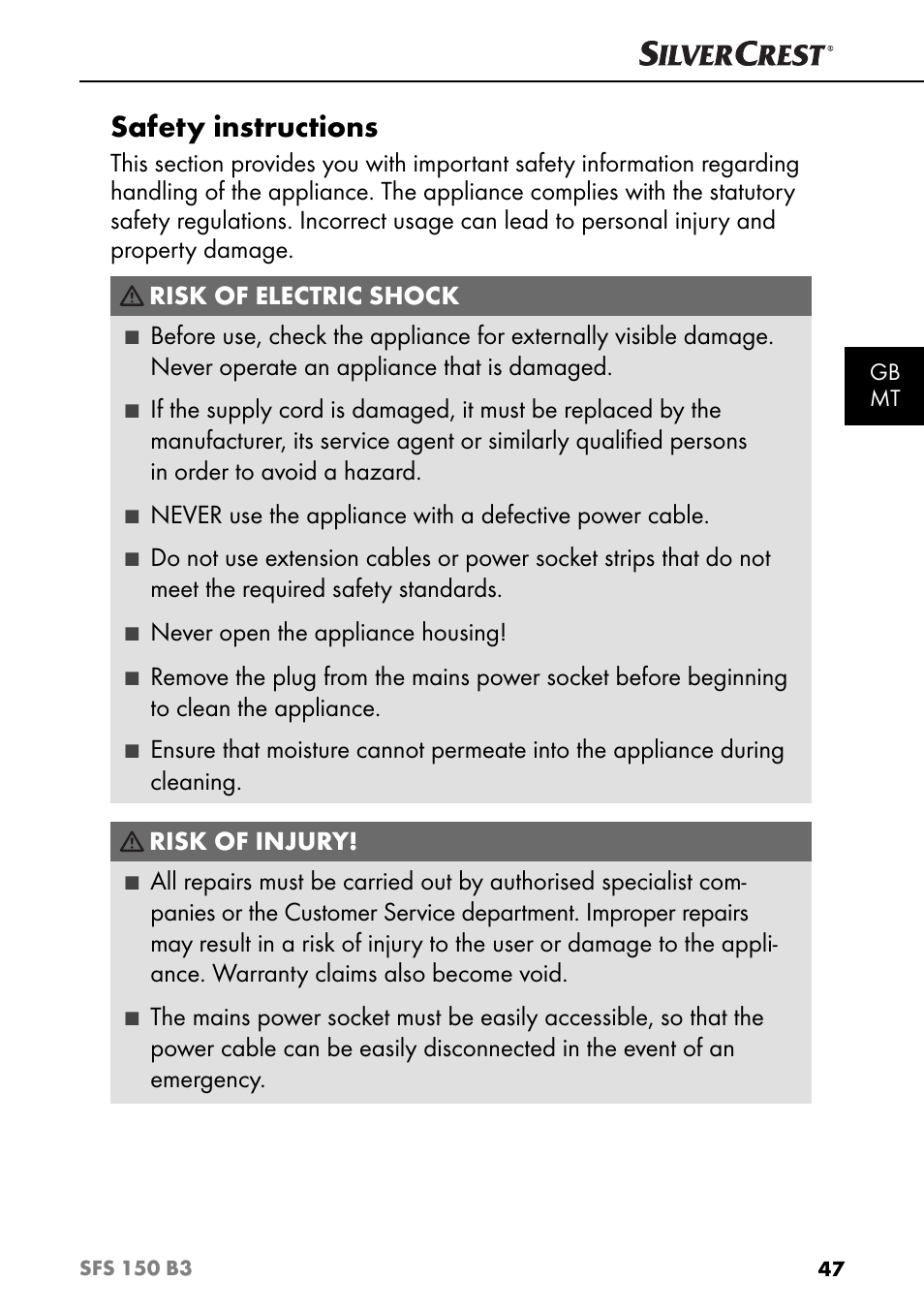 Safety instructions, Risk of electric shock, Never open the appliance housing | Risk of injury | Silvercrest SFS 150 B3 User Manual | Page 50 / 74
