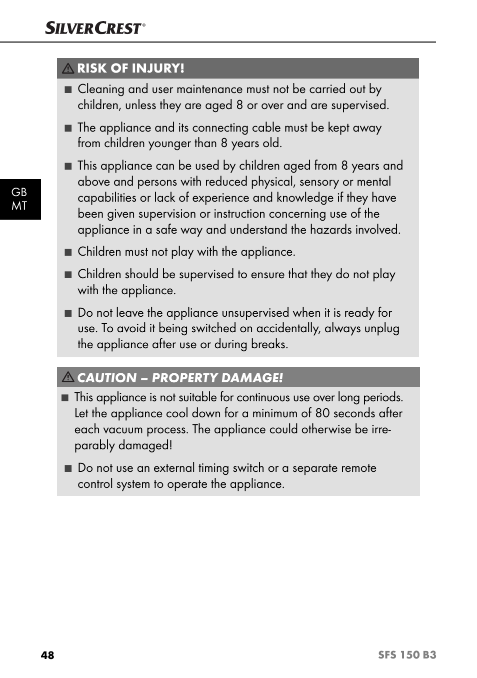 Risk of injury, Children must not play with the appliance, Caution – property damage | Silvercrest SFS 150 B3 User Manual | Page 51 / 74