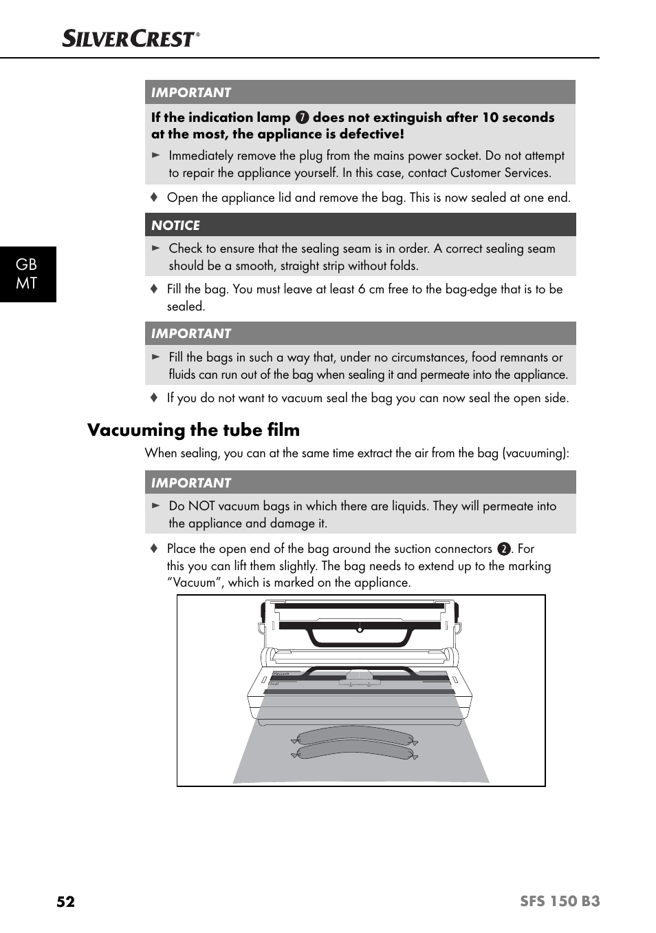 Vacuuming the tube ﬁ lm, Gb mt | Silvercrest SFS 150 B3 User Manual | Page 55 / 74