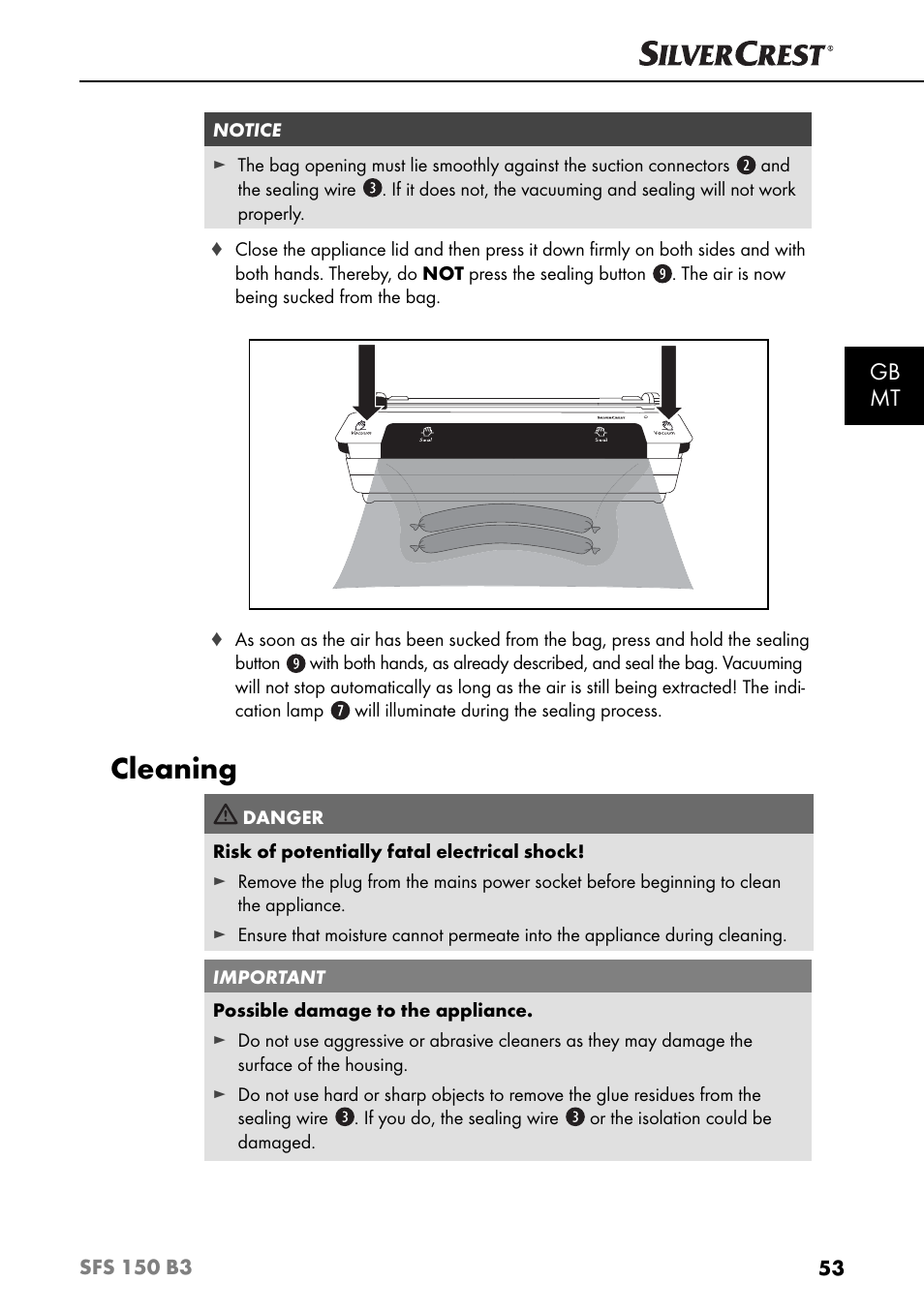 Cleaning, Gb mt | Silvercrest SFS 150 B3 User Manual | Page 56 / 74