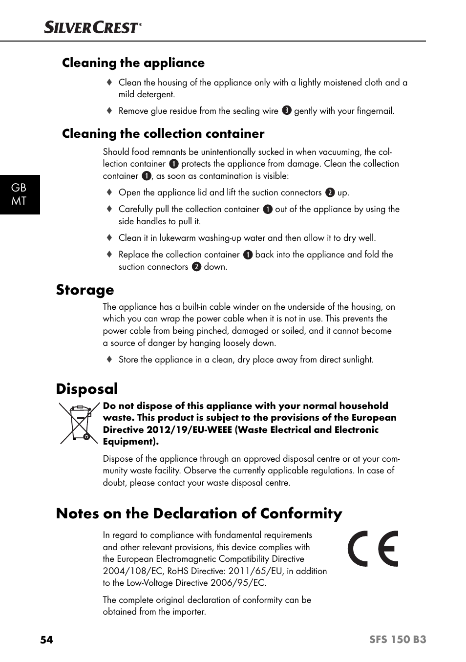 Storage, Disposal, Cleaning the appliance | Cleaning the collection container, Gb mt | Silvercrest SFS 150 B3 User Manual | Page 57 / 74