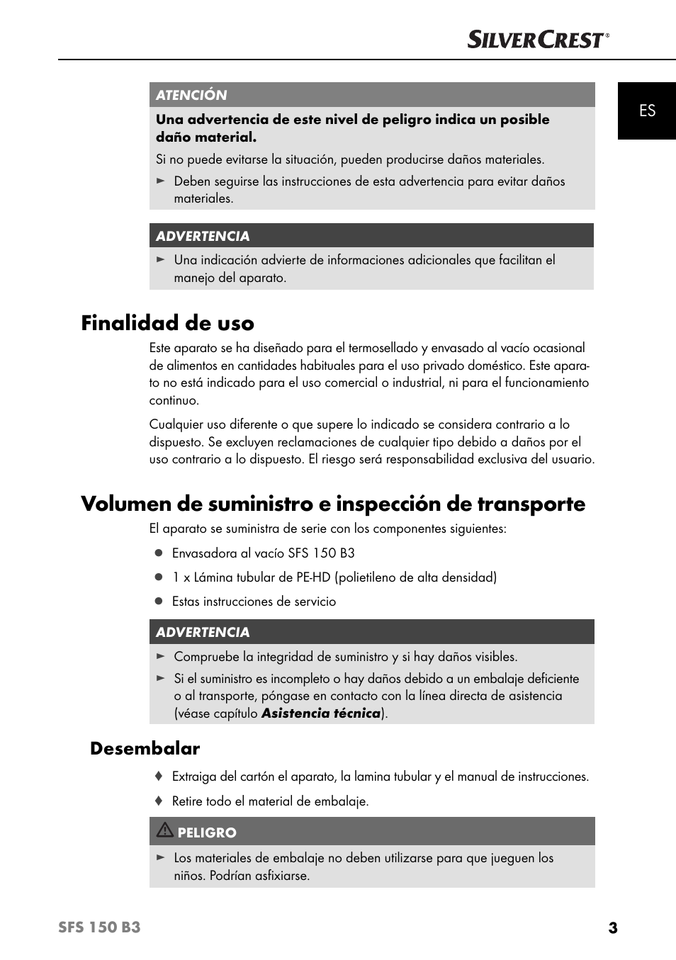 Finalidad de uso, Volumen de suministro e inspección de transporte, Desembalar | Silvercrest SFS 150 B3 User Manual | Page 6 / 74
